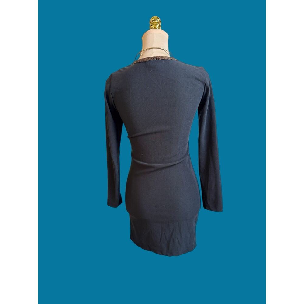 Vintage 90s Body Language Black Mini Dress M Zip Front Brown Trim Y2K Goth USA - Picture 6 of 8